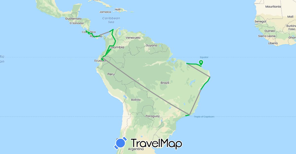 TravelMap itinerary: driving, bus, plane in Brazil, Colombia, Costa Rica, Ecuador, Panama (North America, South America)
