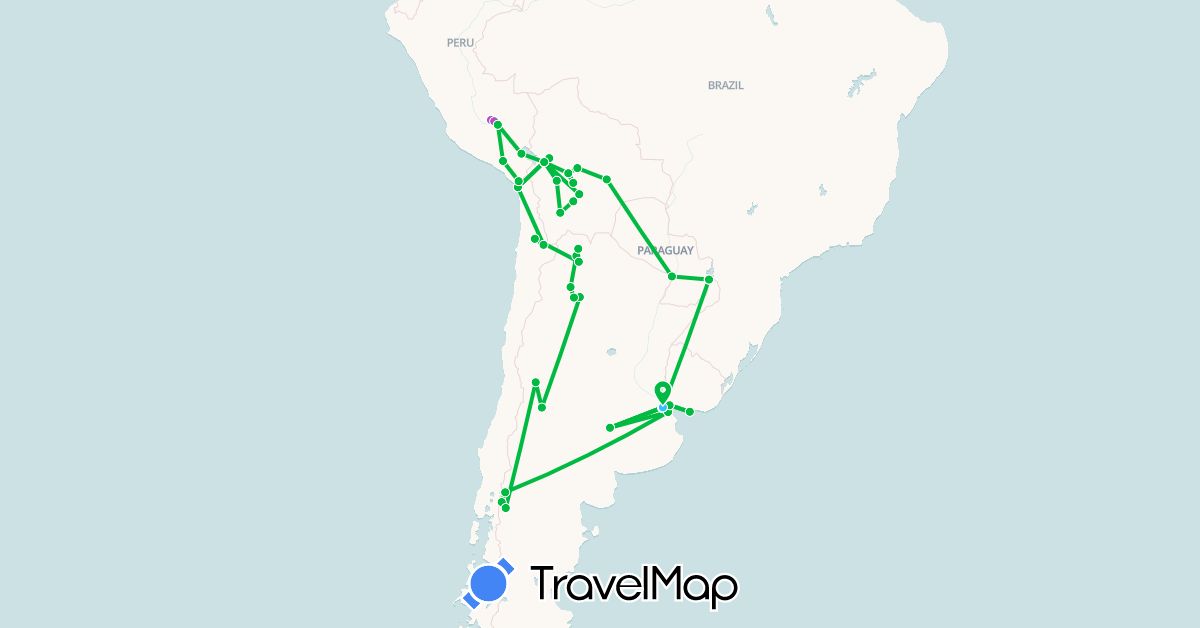 TravelMap itinerary: bus, plane, train, boat in Argentina, Bolivia, Brazil, Peru, Paraguay, Uruguay (South America)